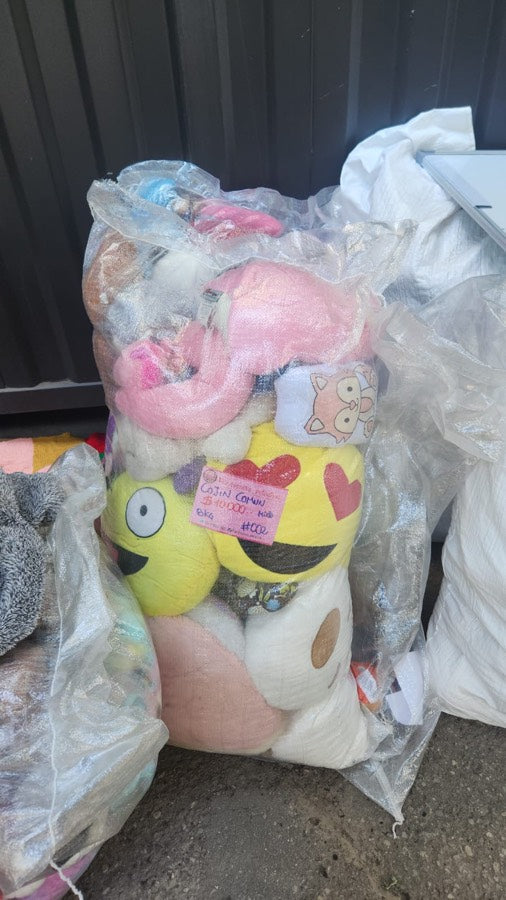 Fardo Cojín Común con cojines de emoji y peluches rosados, etiqueta de $10.000